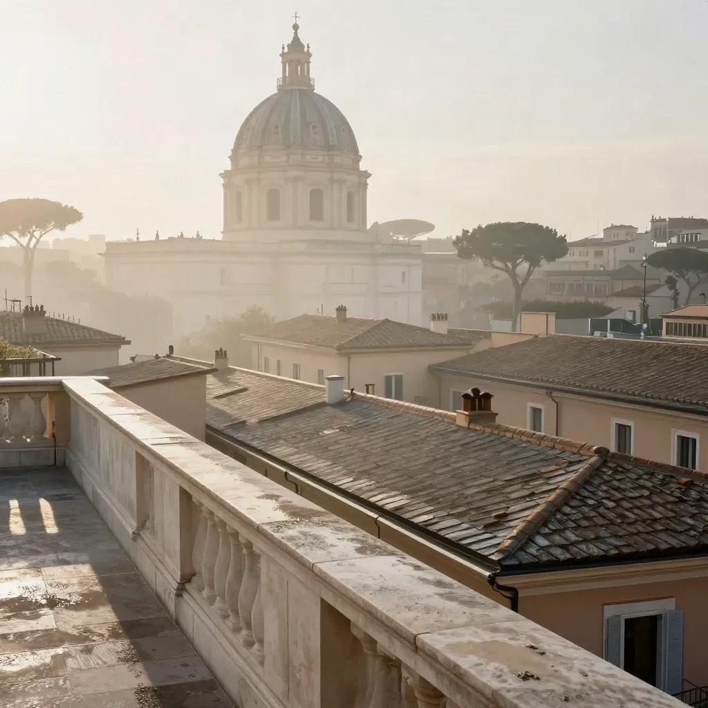 Veduta di Roma all’alba con cupola lontana e tetti di travertino dopo la pioggia.