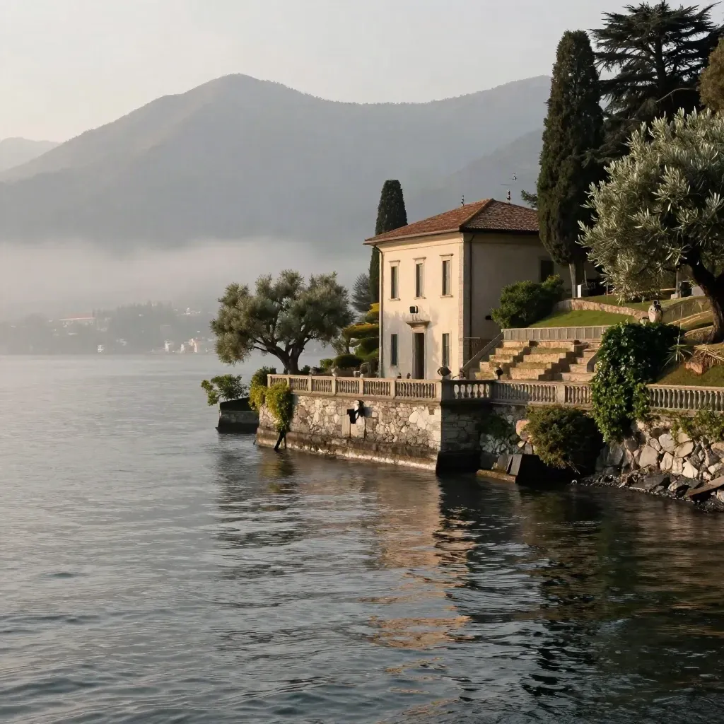 Lago di Como con terrazza di villa e cresta alpina sopra acqua calma e nebbia