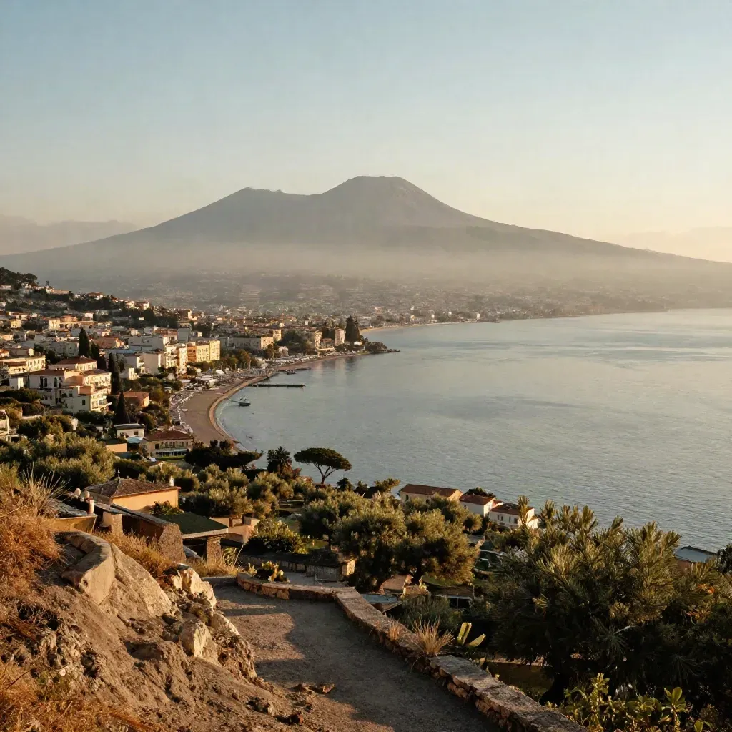 Veduta dorata del Golfo di Napoli con il Vesuvio in alto e mare calmo sotto